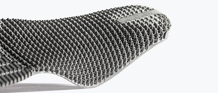Close-up view of the end of a shoe insole 3D printed using Multi Jet Fusion and the PA 12 material