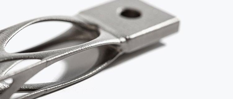 Close-up view of part of a lightweight, 3D-printed, stainless steel part